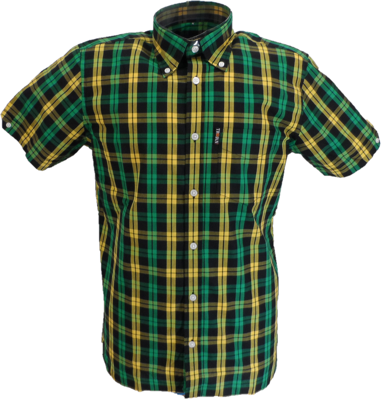 Trojanメンズ ブラック/グリーン/ゴールド チェック半袖シャツとポケット チーフ