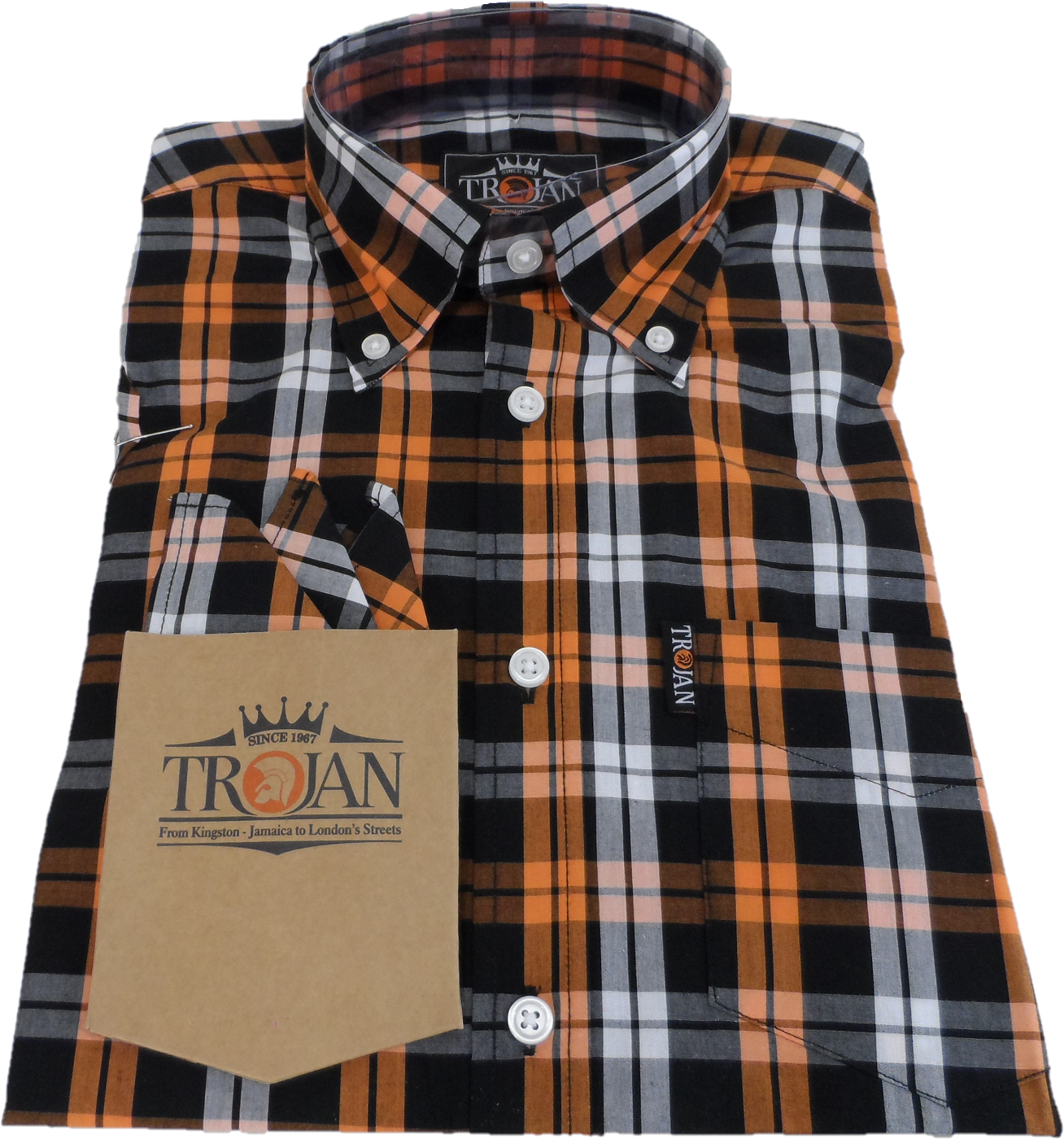 Trojan Mens Black/Orange/White Check Short Sleeved Shirts and Pocket Square