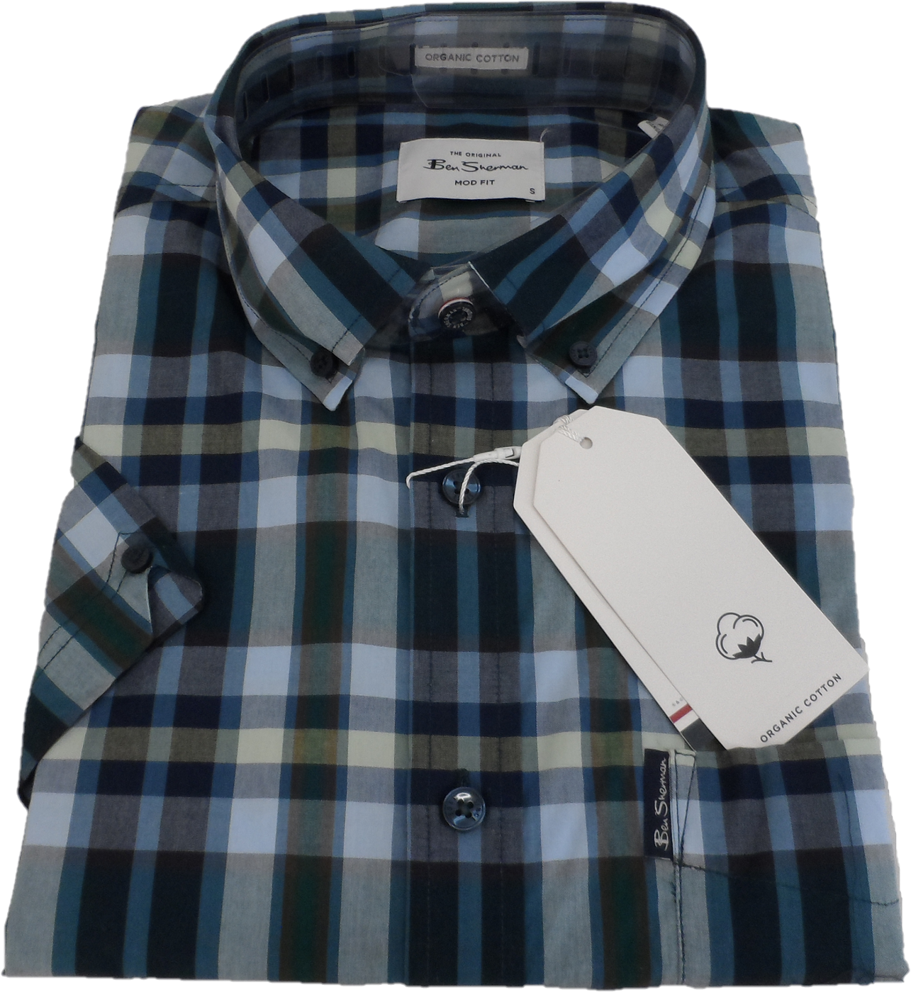 Ben Sherman Mens Dark Green Checked Short Sleeved Shirt
