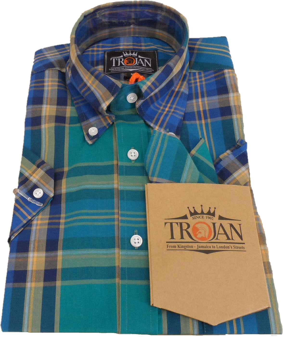 Trojan Mens Jade Green Multi Check Short Sleeved Shirts and Pocket Square