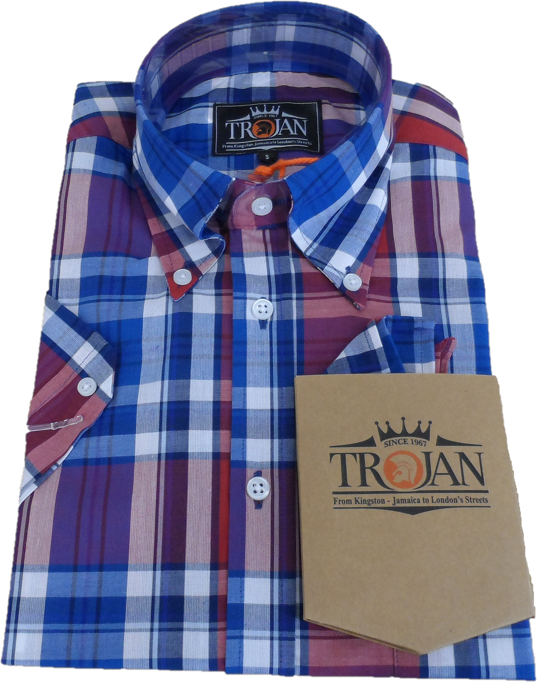 Trojan Mens Cobalt Blue Multi Check Short Sleeved Shirts and Pocket Square