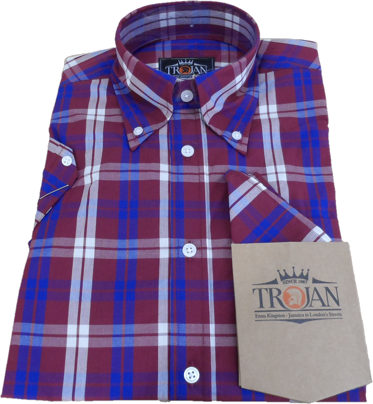 Trojan Mens Port Red Multi Check Short Sleeved Shirts and Pocket Square