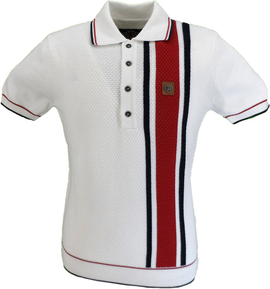 Trojan Mens Ecru Textured Stripe Knitted Polo Shirt