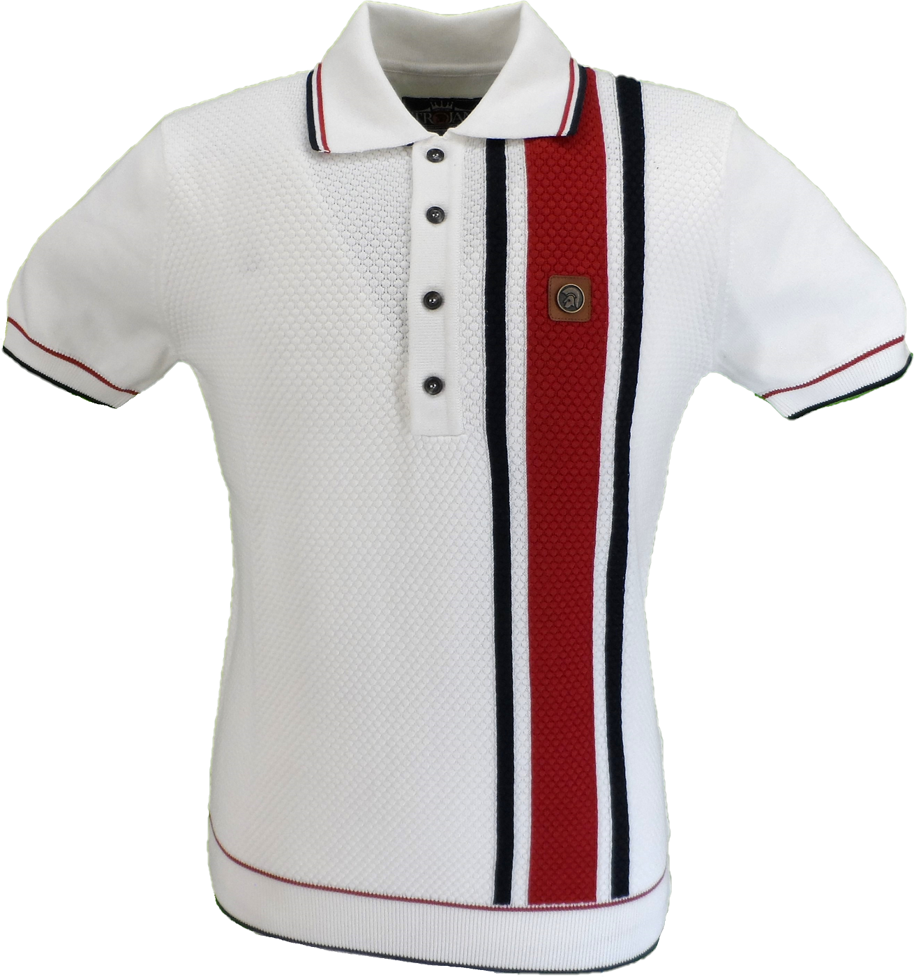 Trojan Mens Ecru Textured Stripe Knitted Polo Shirt