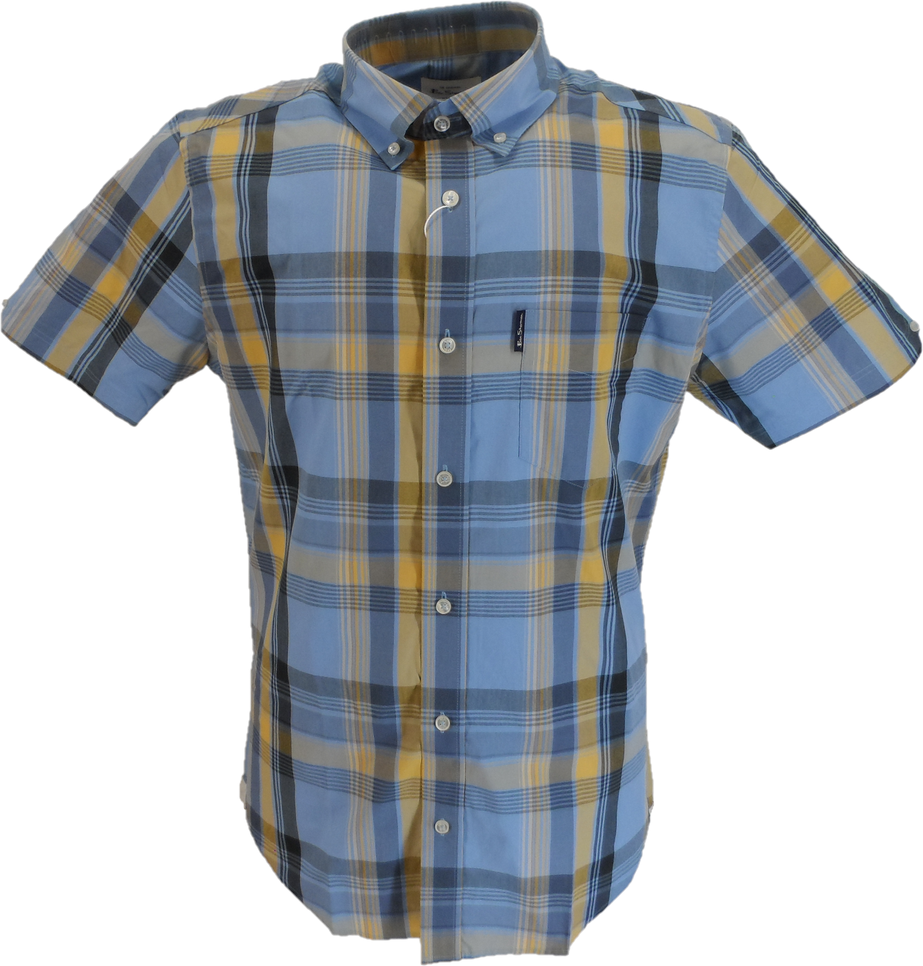 Ben Sherman Mens Lake Blue Block Check Short Sleeved Shirt