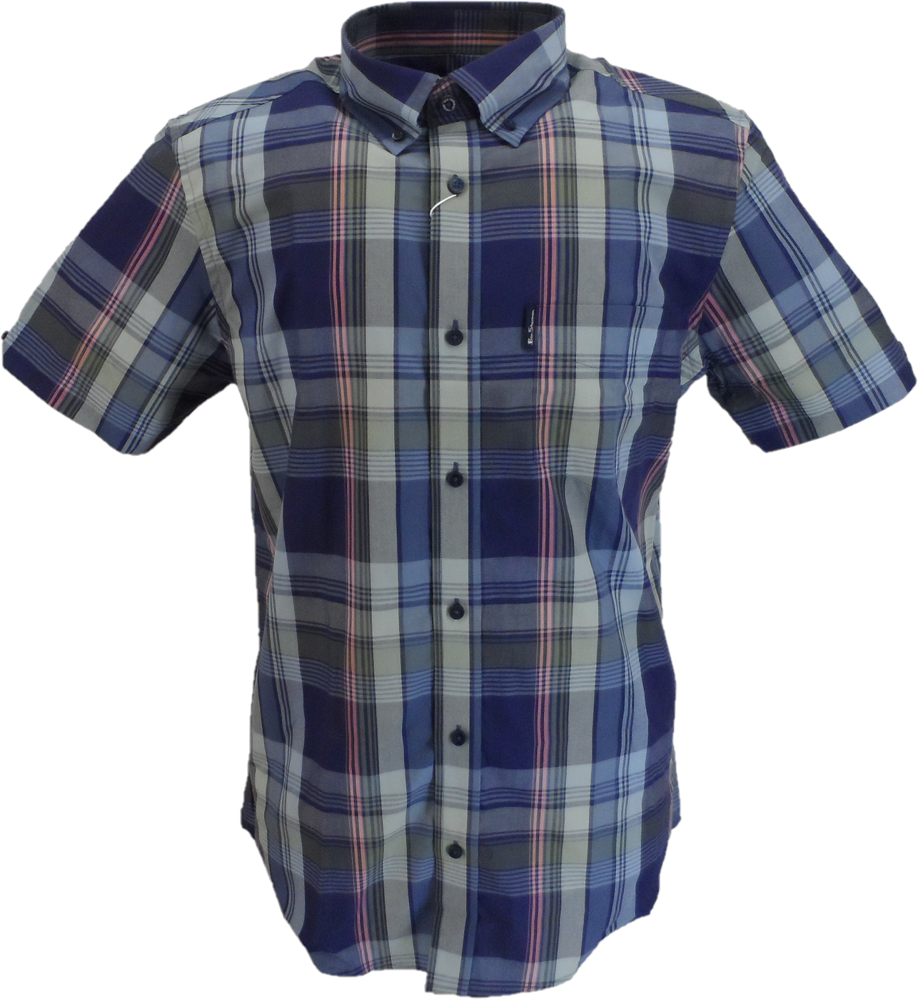 Ben Sherman Mens Twilight Denim Blue Block Check Short Sleeved Shirt