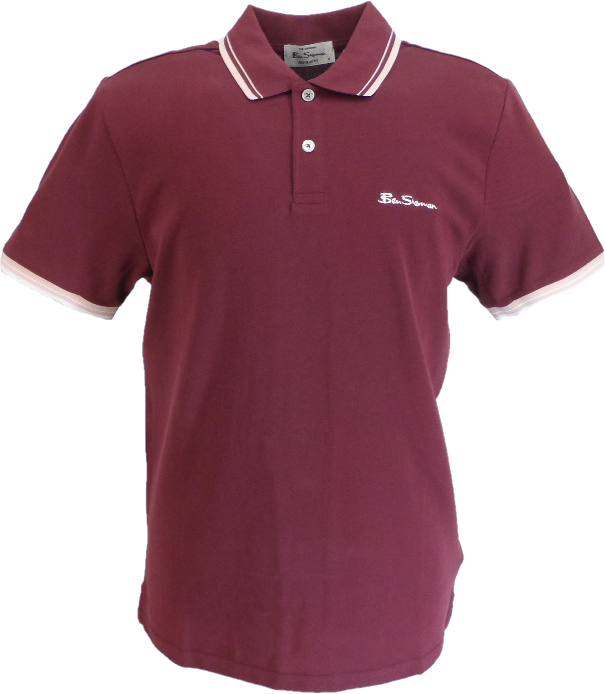 Maroon polo shirt with white trim on a white background