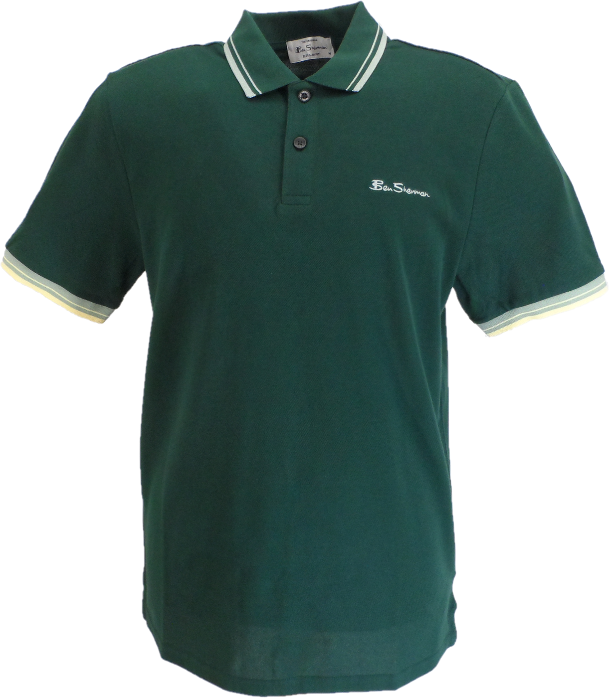 Green polo shirt with white trim on a white background