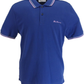 Blue polo shirt with white trim on a white background