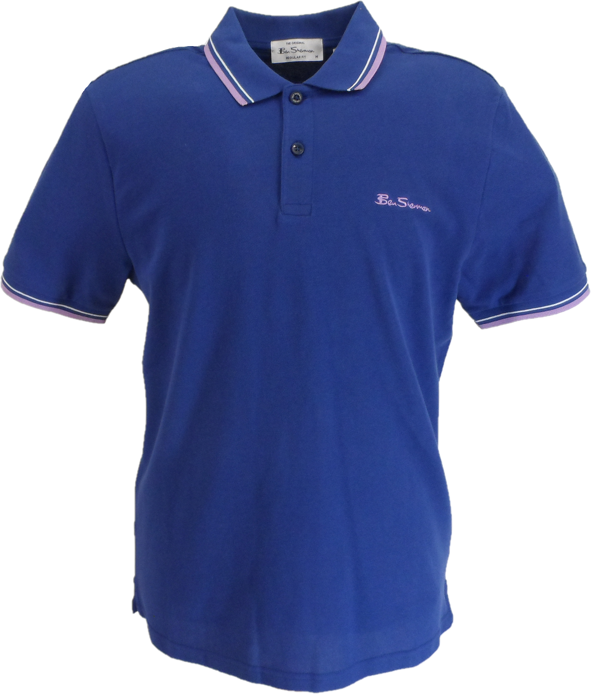 Blue polo shirt with white trim on a white background