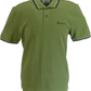 Green polo shirt with black trim on a white background
