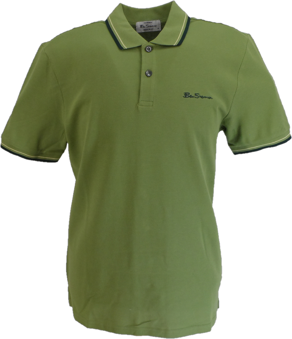 Green polo shirt with black trim on a white background