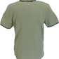 Green polo shirt with black trim on a white background