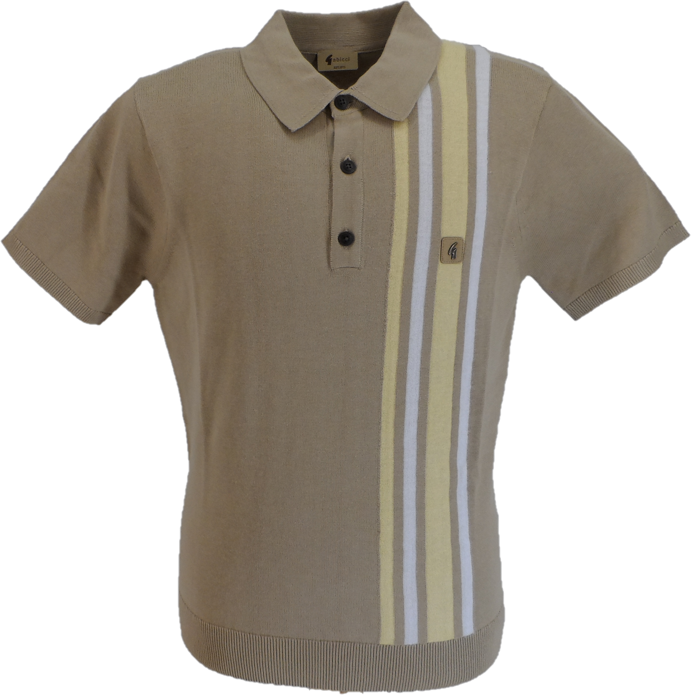 Beige polo shirt with vertical stripes on a white background