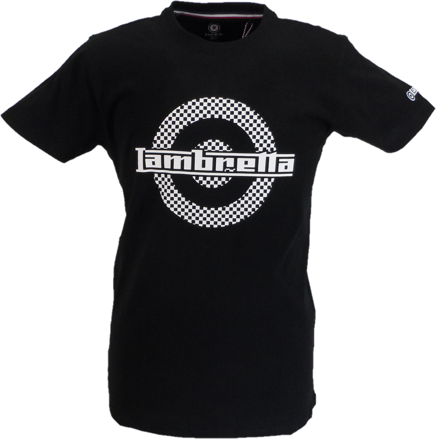 Black t-shirt with a white logo on a white background