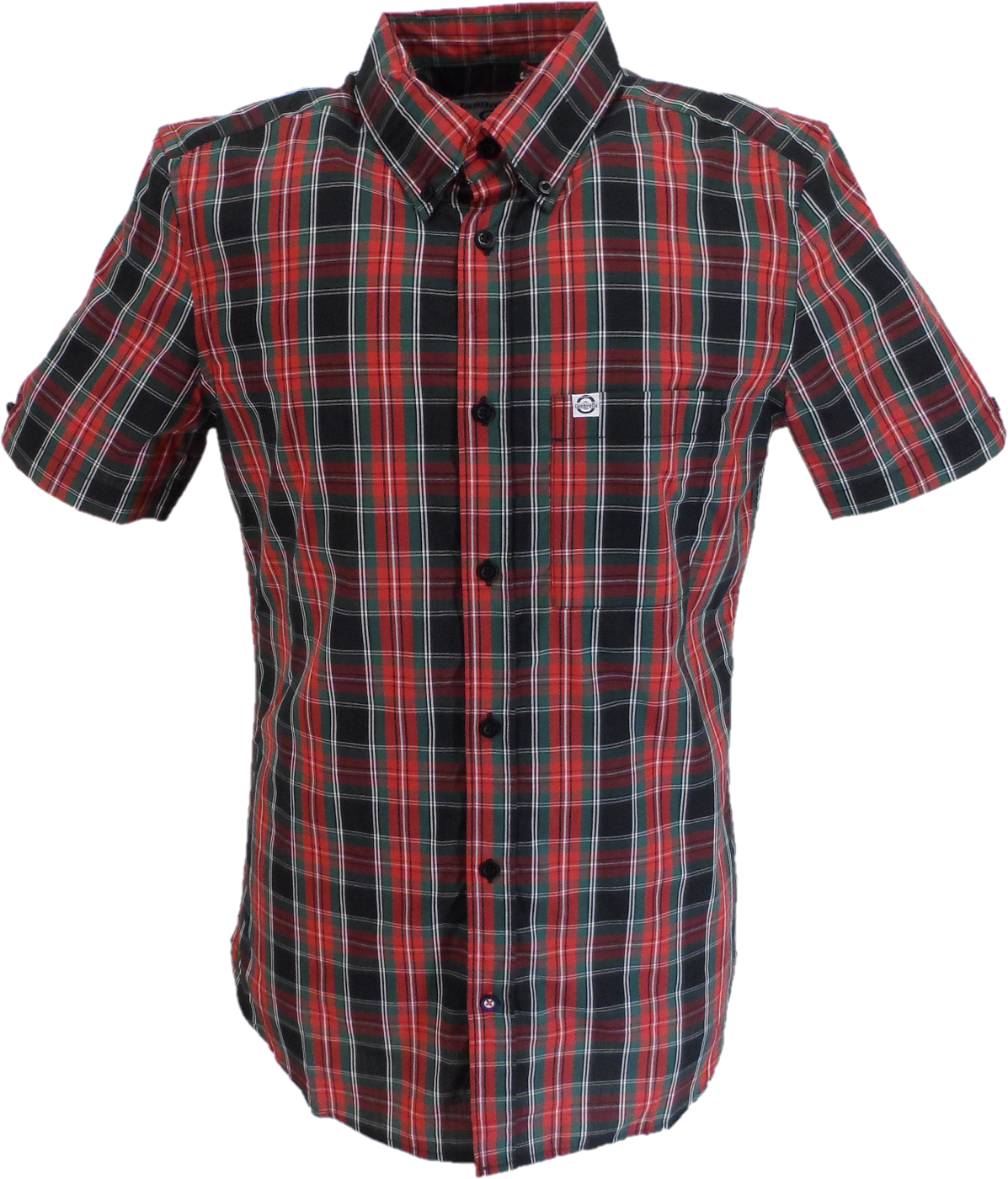 Red and black plaid short-sleeve shirt on a white background