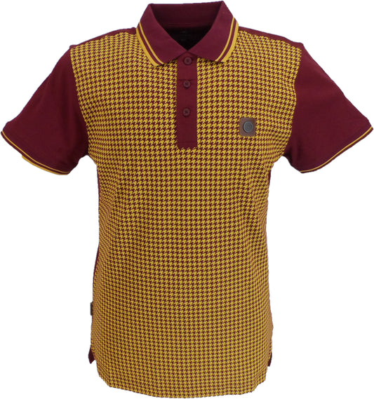 Lambretta Mens Burgundy/Gold Houndstooth Print Cotton Polo Shirts