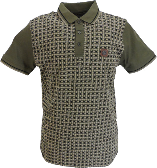 Lambretta Mens Khaki Green Houndstooth Print Cotton Polo Shirts