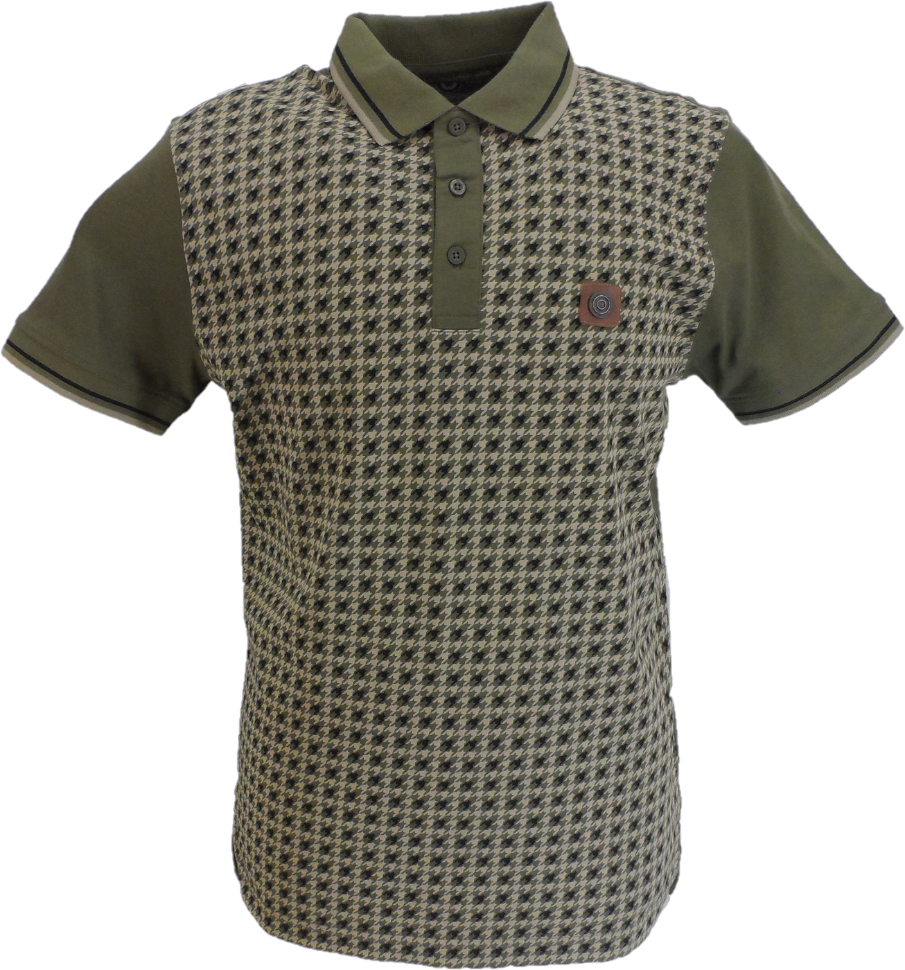 Lambretta Mens Khaki Green Houndstooth Print Cotton Polo Shirts