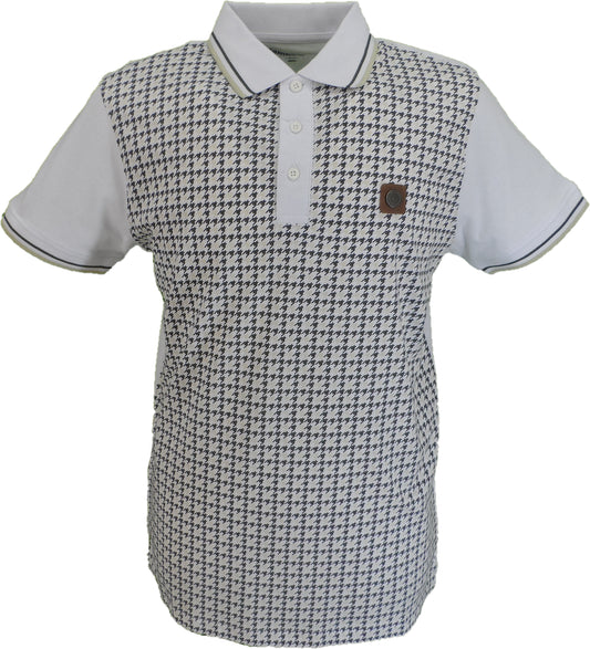 Lambretta Mens White Houndstooth Print Cotton Polo Shirts