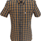 Plaid short-sleeve shirt with a visible brand logo on a white background