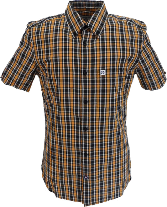 Plaid short-sleeve shirt with a visible brand logo on a white background