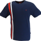 Navy blue t-shirt with red and white stripes on a white background