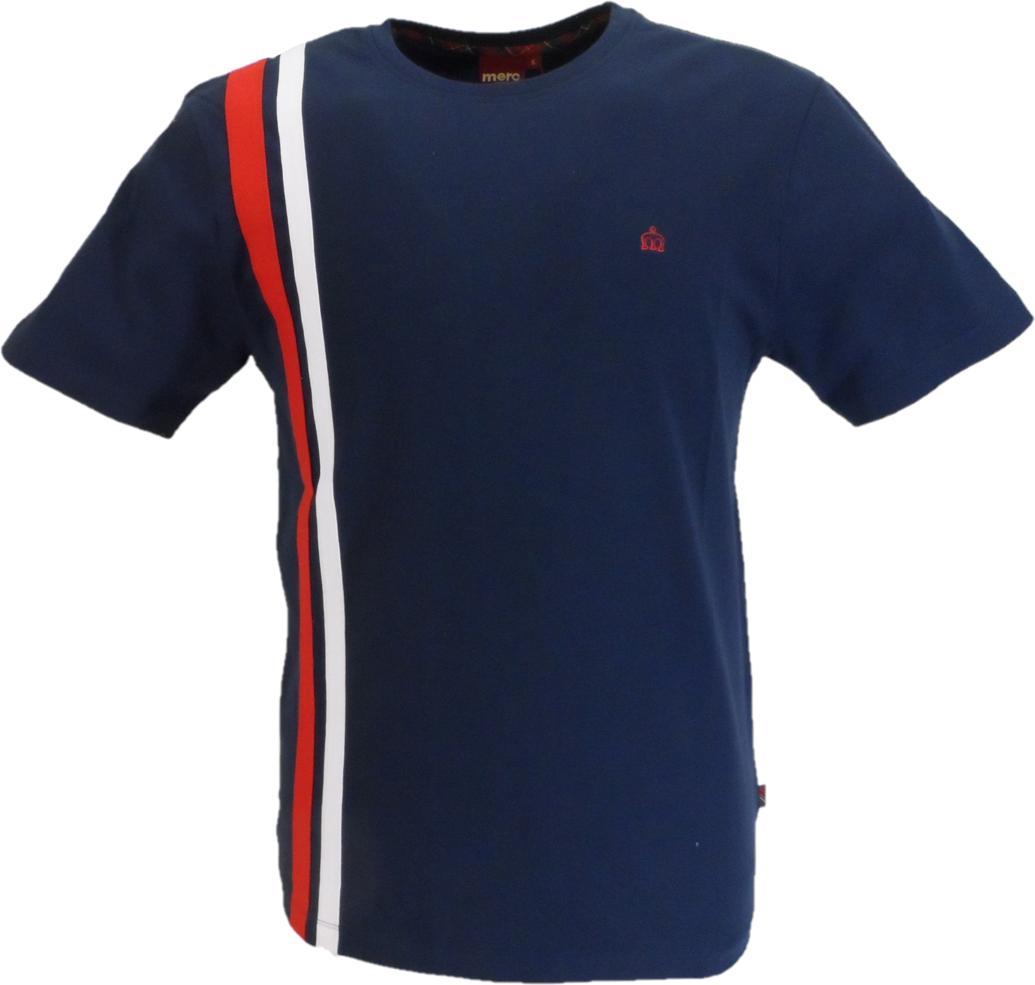 Navy blue t-shirt with red and white stripes on a white background