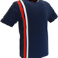 Navy blue t-shirt with red and white stripes on a white background