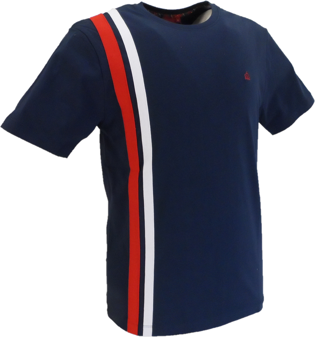 Navy blue t-shirt with red and white stripes on a white background