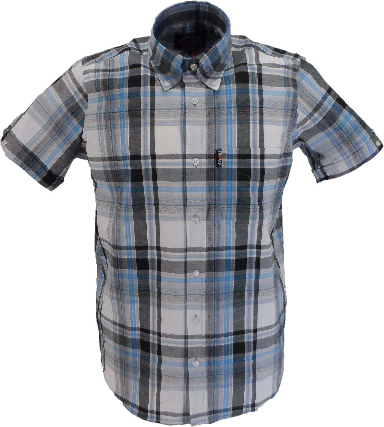 Trojan Mens Black Tartan Short Sleeved Shirts and Pocket Square
