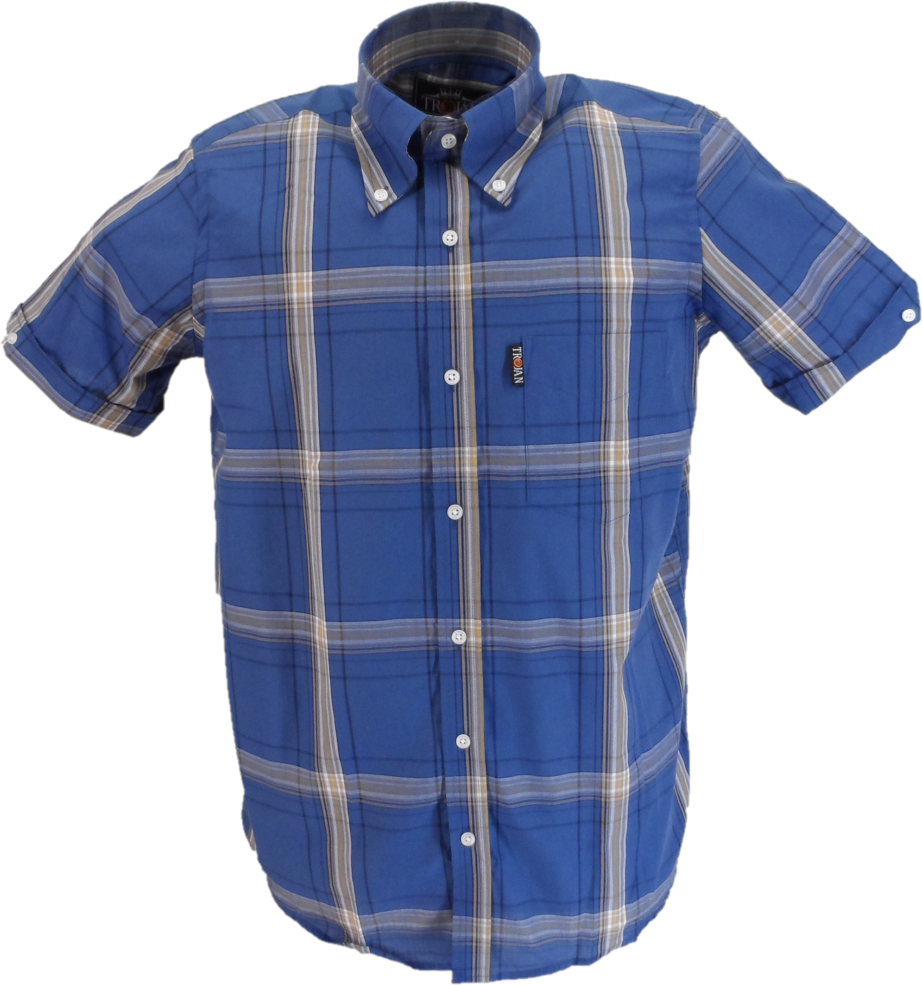 Trojan Mens Blue Large Check Short Sleeved Shirts and Pocket Square