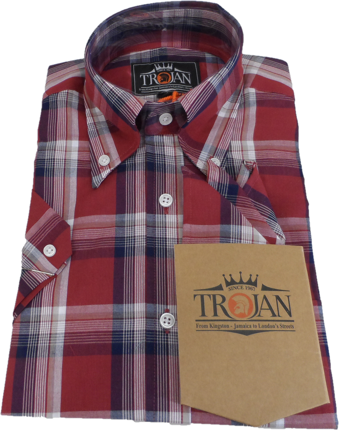 Trojan Mens Port Red Check Short Sleeved Shirts and Pocket Square