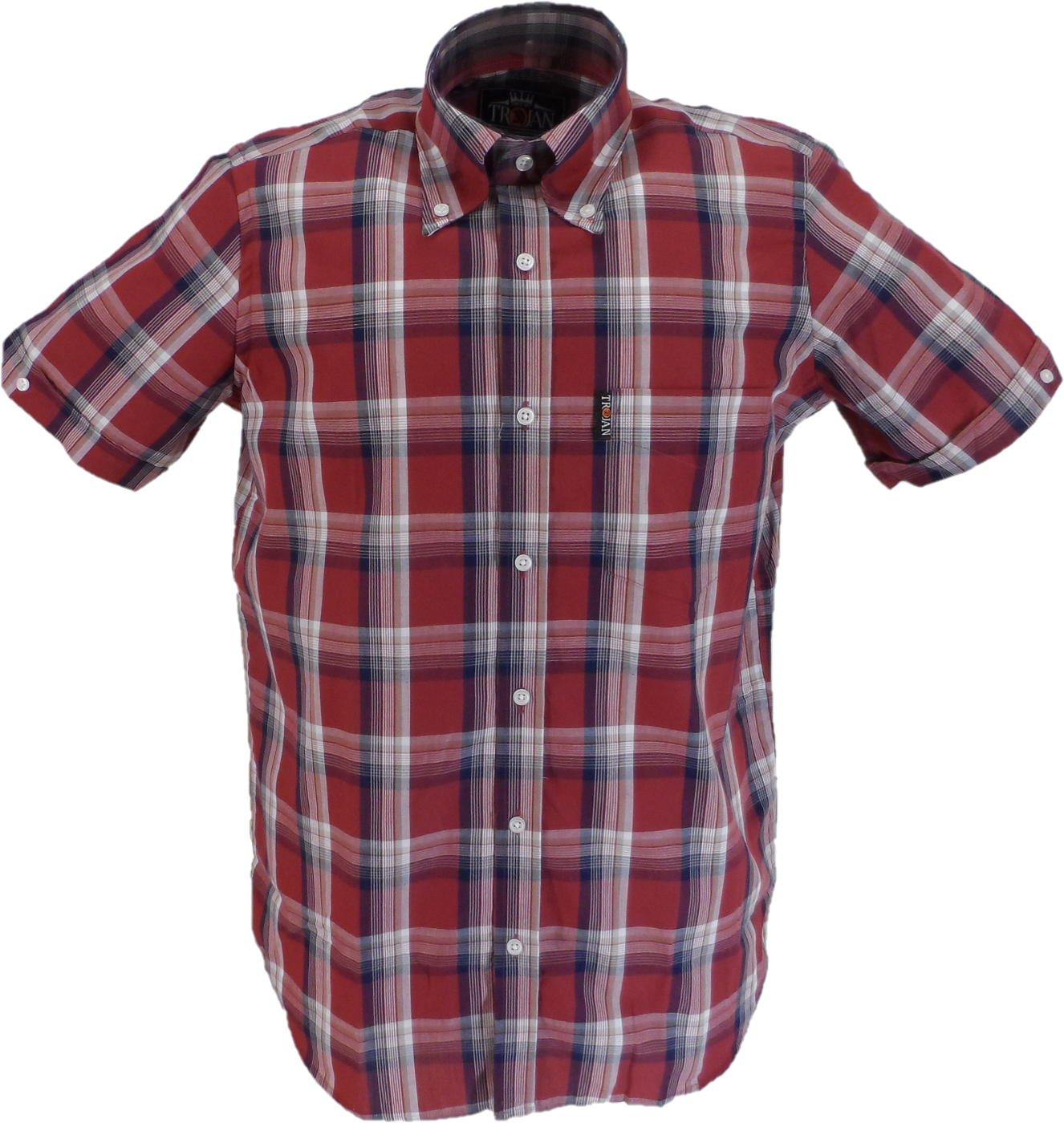 Trojan Mens Port Red Check Short Sleeved Shirts and Pocket Square