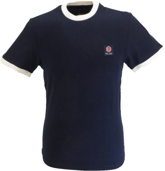 Trojan Mens Navy Blue Flag Badge 100% Cotton Ringer T-Shirt