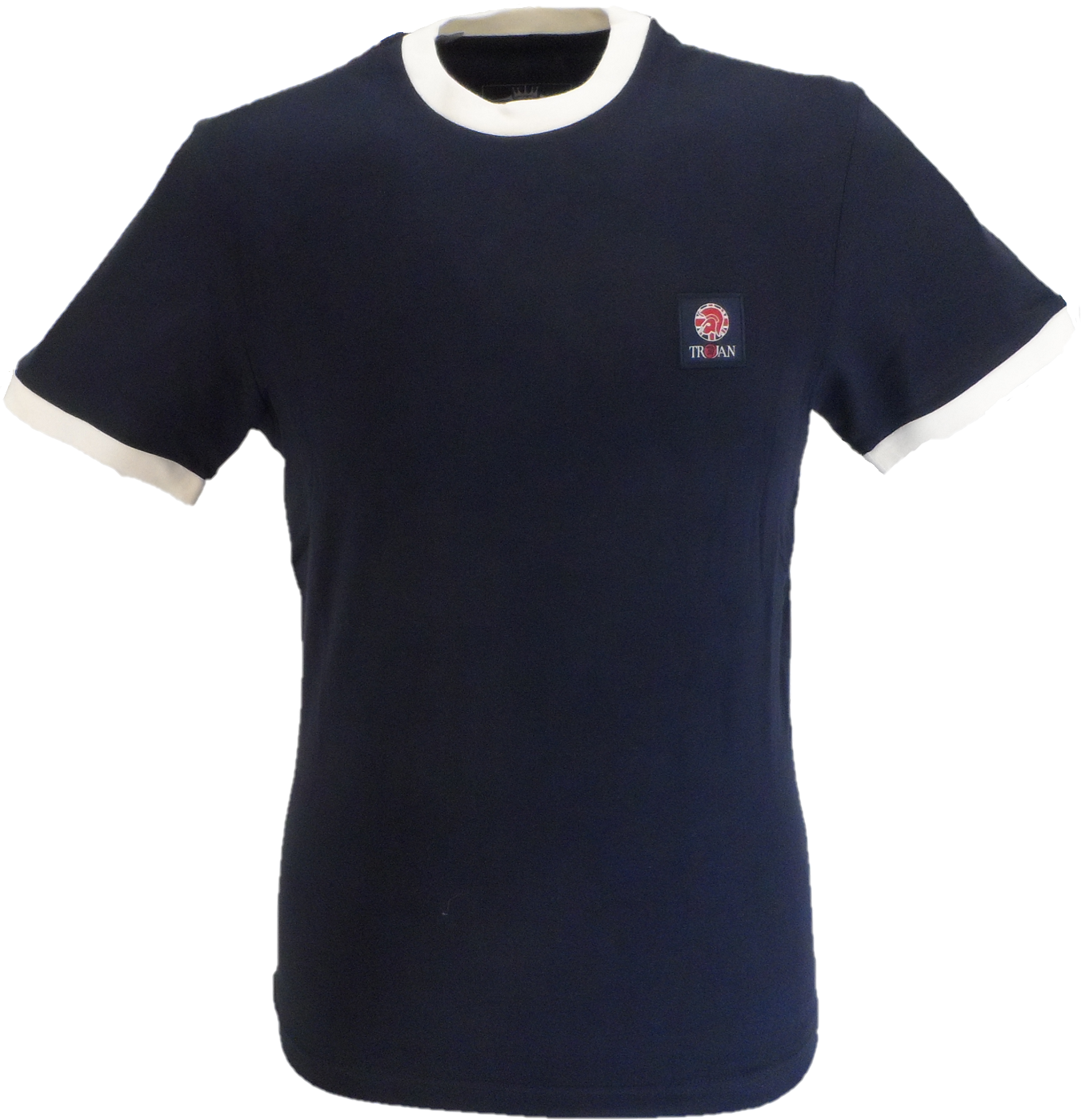 Trojan Mens Navy Blue Flag Badge 100% Cotton Ringer T-Shirt