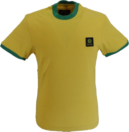 Trojan Mens Mustard Yellow Flag Badge 100% Cotton Ringer T-Shirt