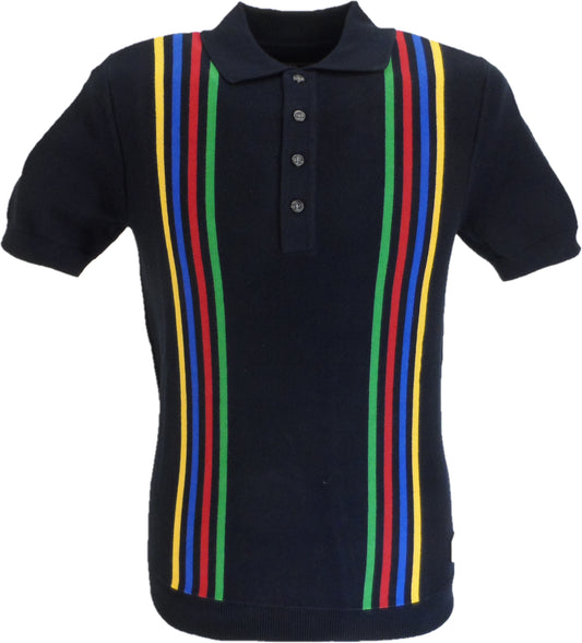 Trojan Mens Navy Blue Multi-Stripe Short Sleeved Polo Shirt