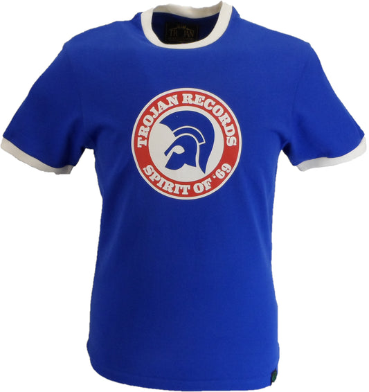 Blue t-shirt with Trojan Records logo on a white background
