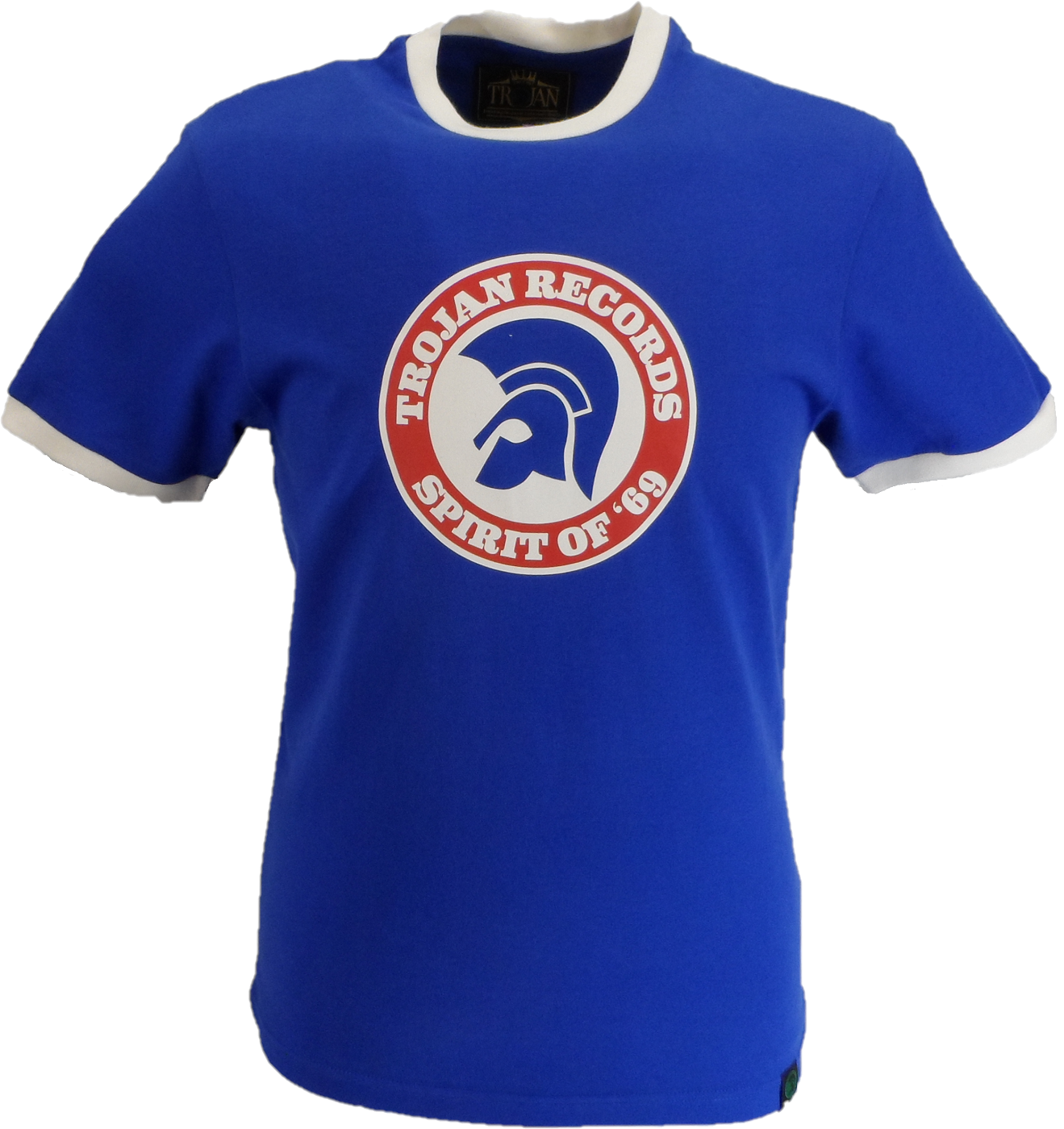 Blue t-shirt with Trojan Records logo on a white background