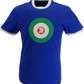 Blue t-shirt with a green circle and white logo on a white background