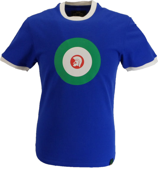 Blue t-shirt with a green circle and white logo on a white background
