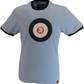 Light blue t-shirt with a black circle design featuring a red and white logo on a white background