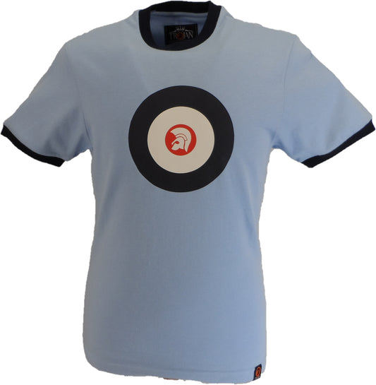 Light blue t-shirt with a black circle design featuring a red and white logo on a white background