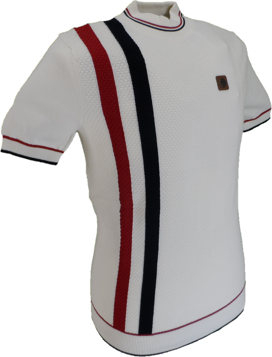 Trojan Mens Ecru Textured Racing Stripe Short Sleeved Turtle Neck