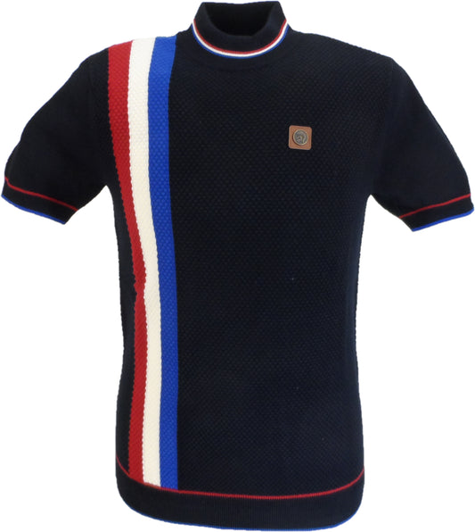 Trojan Mens Navy Blue Textured Racing Stripe Short Sleeved Turtle Neck