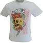 White t-shirt with a colorful skull design and text on a white background