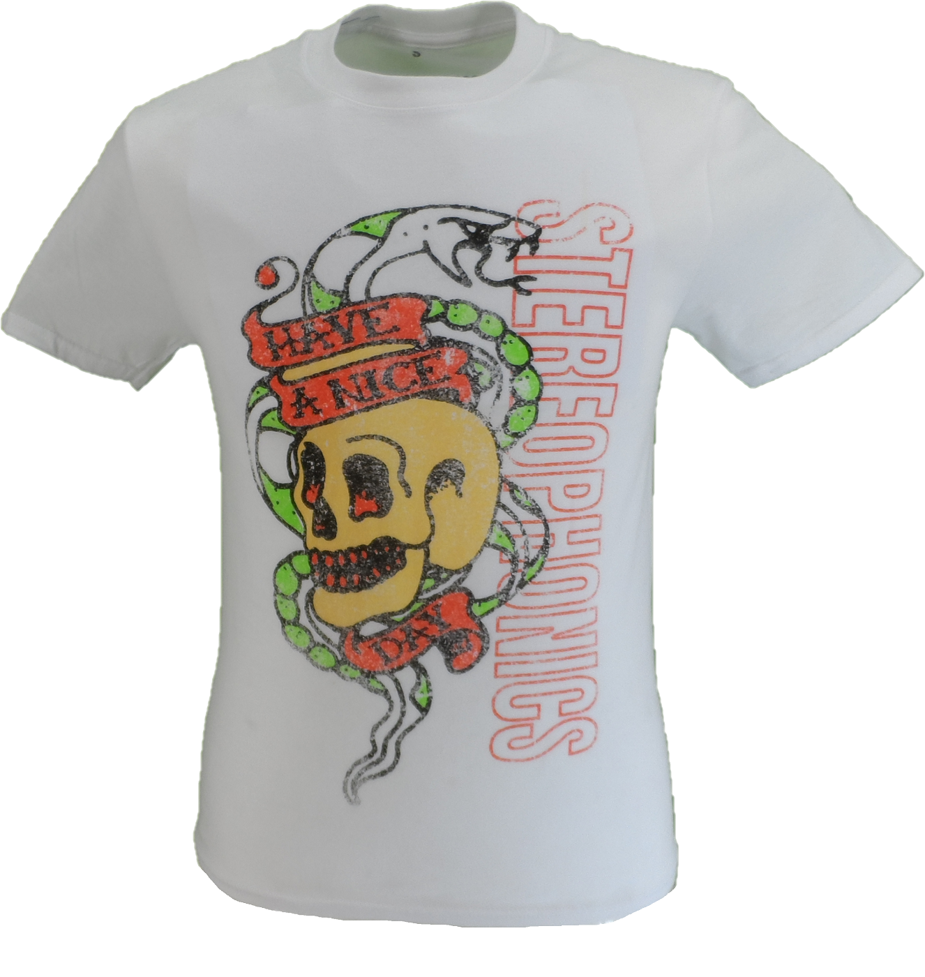 White t-shirt with a colorful skull design and text on a white background