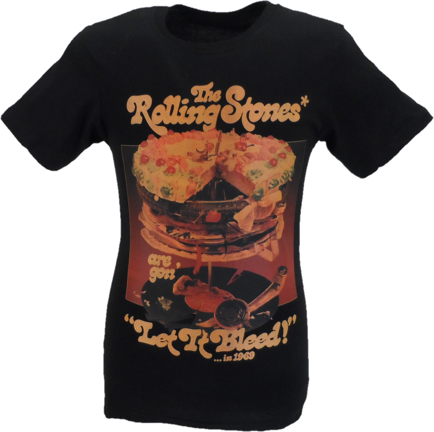 Black t-shirt with Rolling Stones 'Let It Bleed' album cover graphic on a white background