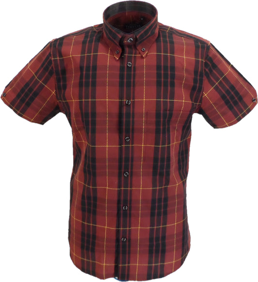 قمصان رجالي Tootal ذات مربعات Oxblood مصنوعة من القطن بنسبة 100% بأكمام قصيرة